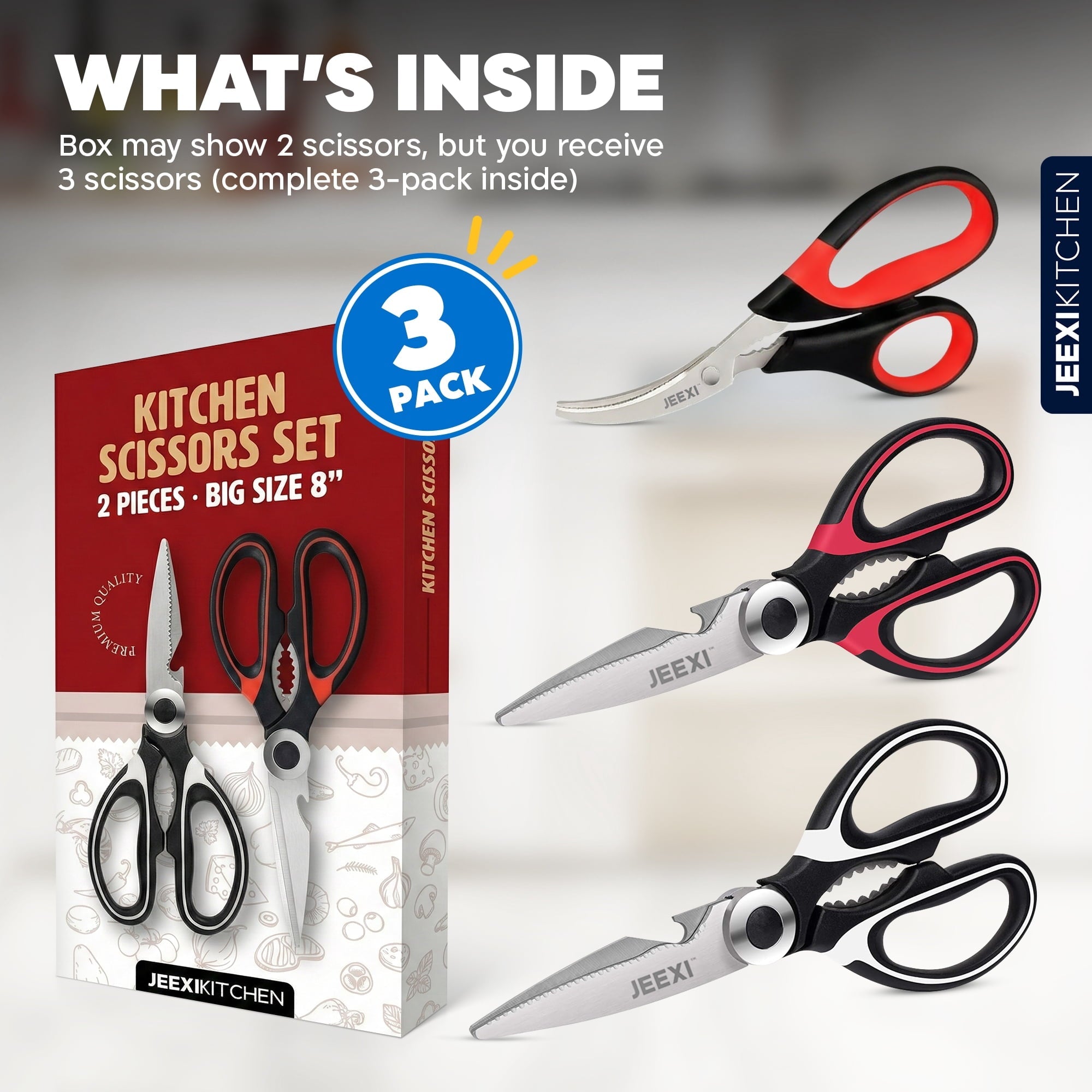3 Pack Kitchen Scissors, Ultra-Sharp Premium Stainless Steel Heavy Duty Kitchen Shears & Multi Purpose Poultry Shears...