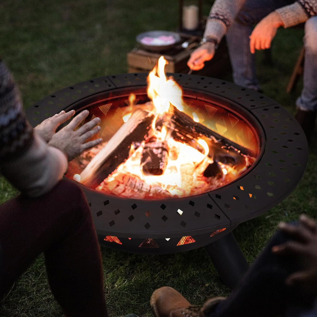 SUNCREAT 42” Patio Fire Pit Wood Burning with Mesh Spark Screen, Bonfire Outdoor firepit with Fireplace Poker, Black