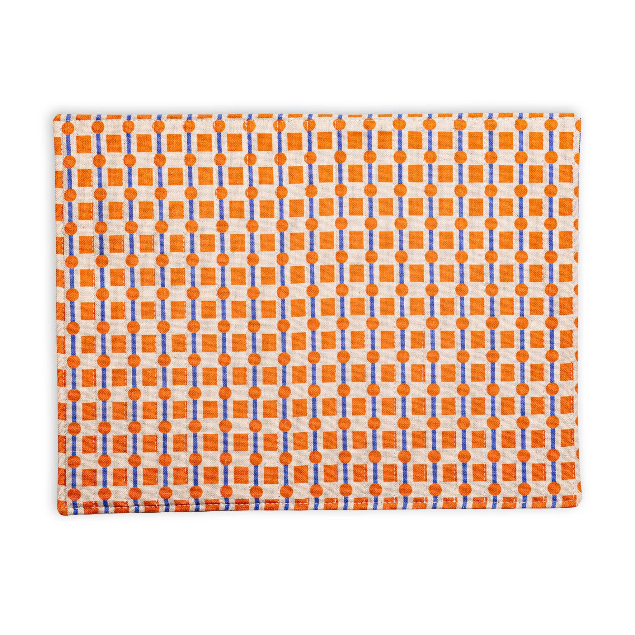 Geometric Cotton &amp; Linen Placemats - Set of 2 - Orange/ Blue