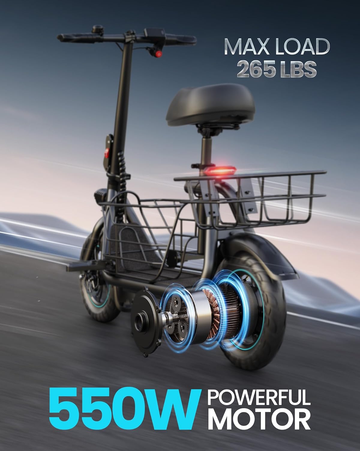 Gyroor Electric Scooter with Basket &amp; Seat, 550W, 20 Mile Range