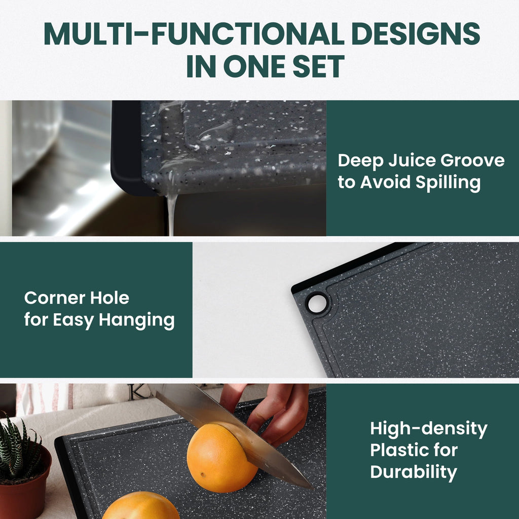 3-Piece Plastic Large Cutting Boards Set for Kitchen, Chopping Board with Non-slip Feet and Juice Grooves