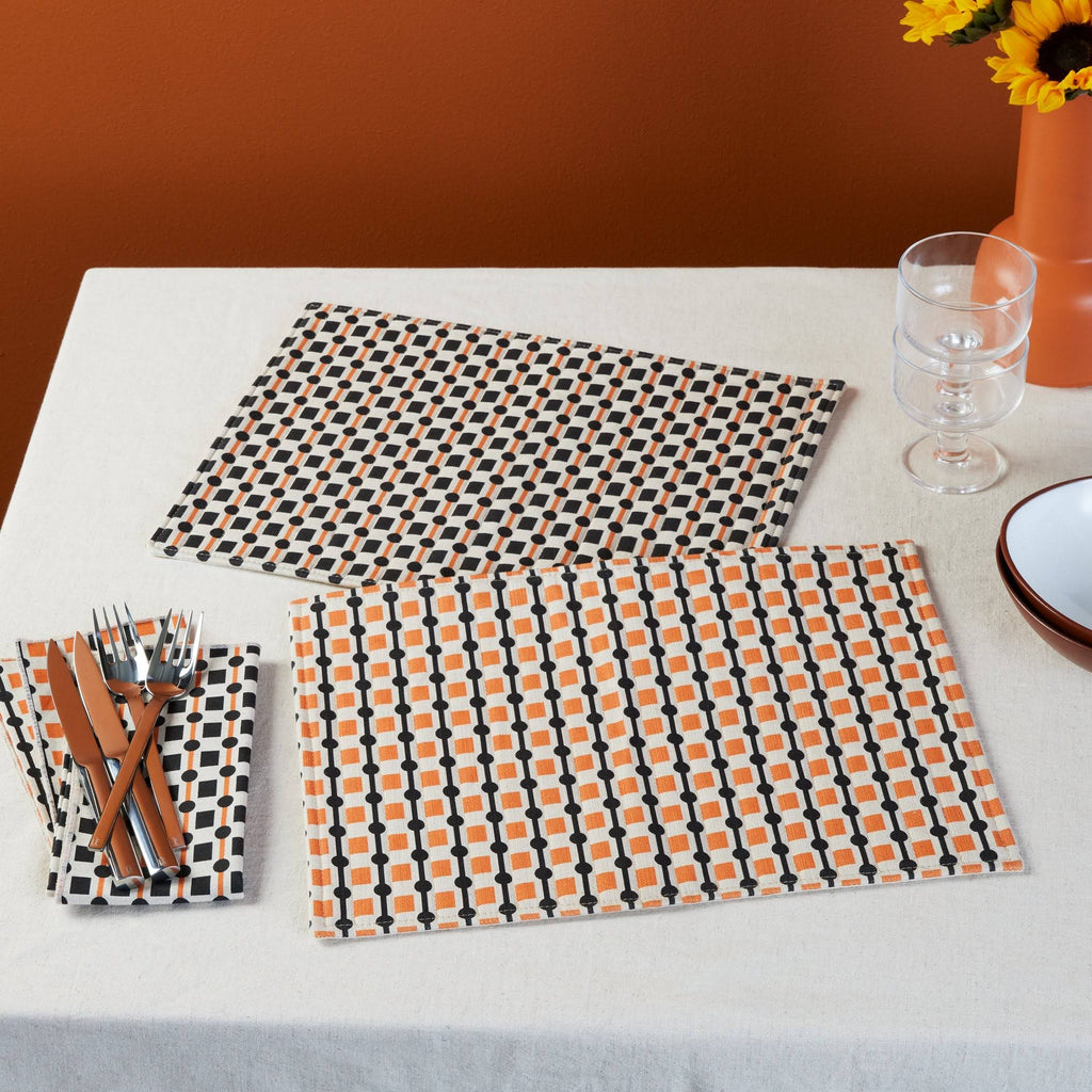 Geometric Cotton &amp; Linen Placemats - Set of 2 - Black/ Orange