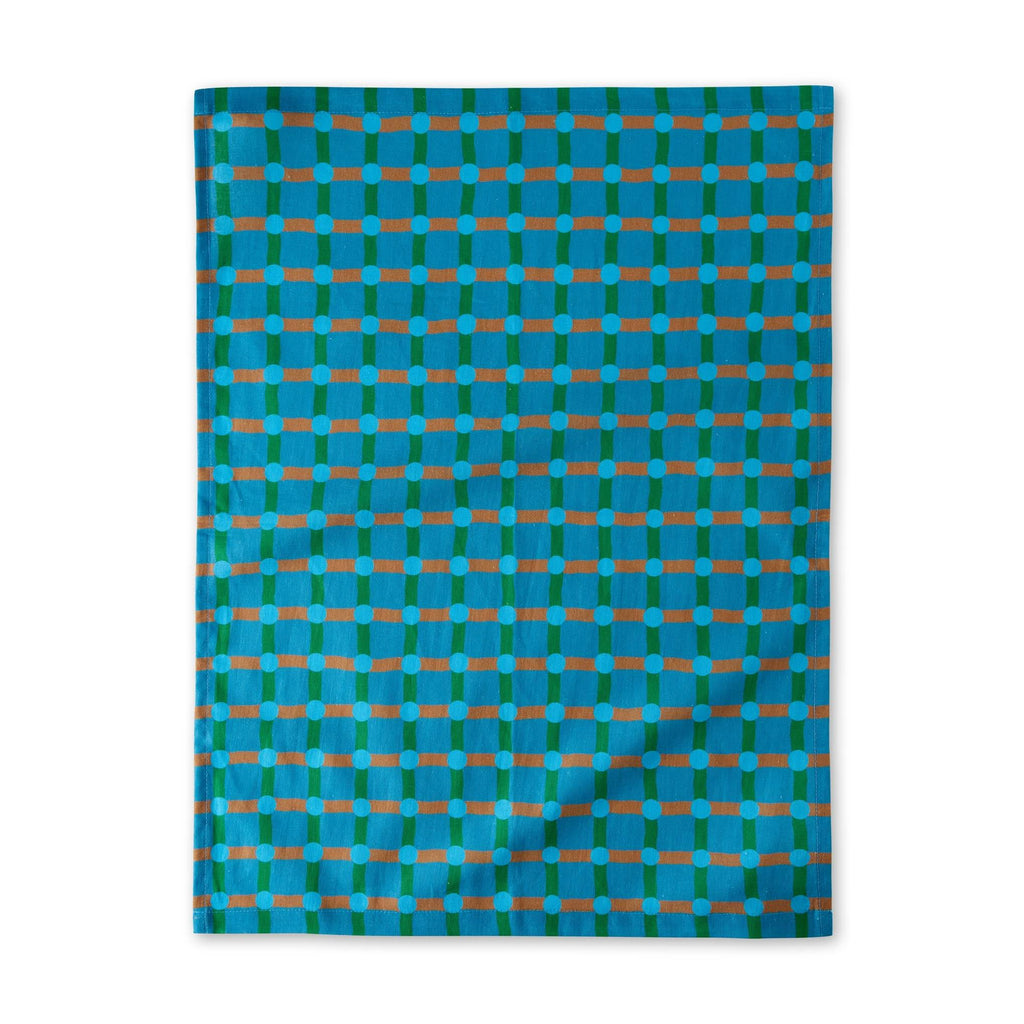 Dot Check Linen &amp; Cotton Tea Towel - Blue/ Green