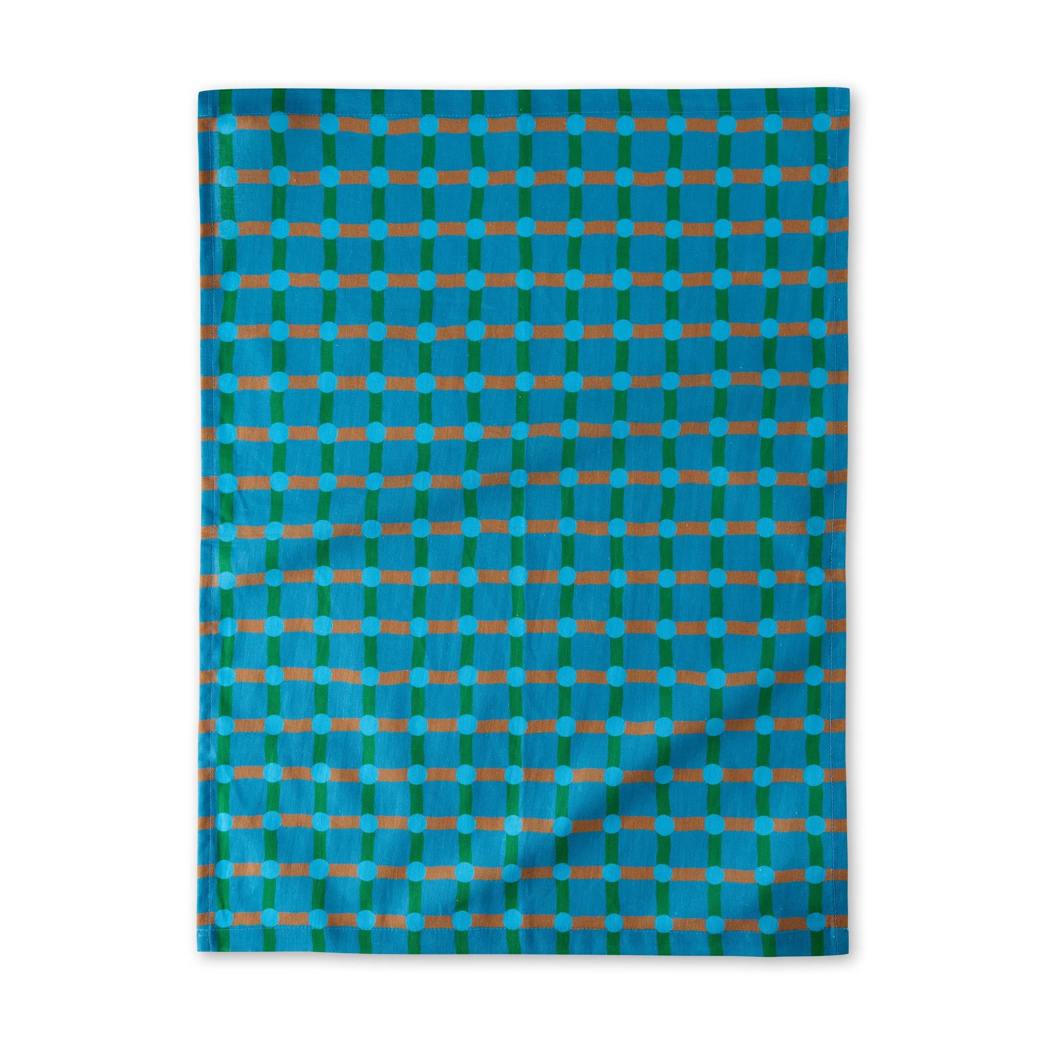 Dot Check Linen &amp; Cotton Tea Towel - Blue/ Green