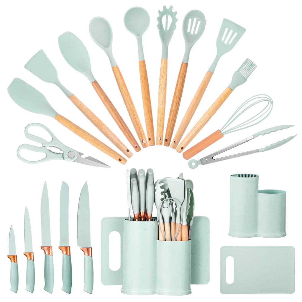 19pcs Silicone Kitchen Utensil Set, Heat-Resistant Non-Stick Easy Cooking Cleaning Home Light-Green