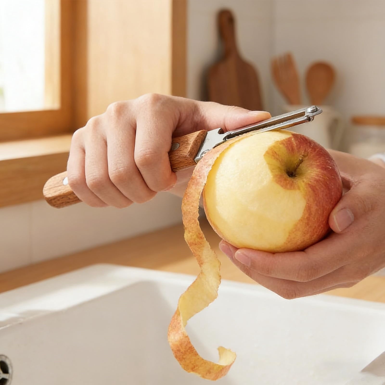Wooden Kitchen Tool, Smooth Glide Vegetable Peeler with Stainless Steel Blade and Built-In Bottle Opener fo...