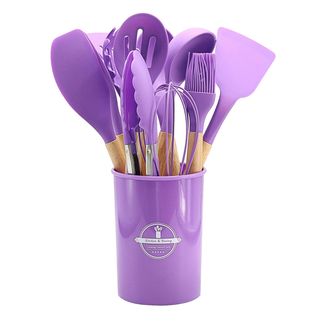 12Pcs Cooking Kitchen Utensils Set with Holder,Wooden Handles Cooking Tool,BPA Free,Non Toxic Turner Tongs Spa...