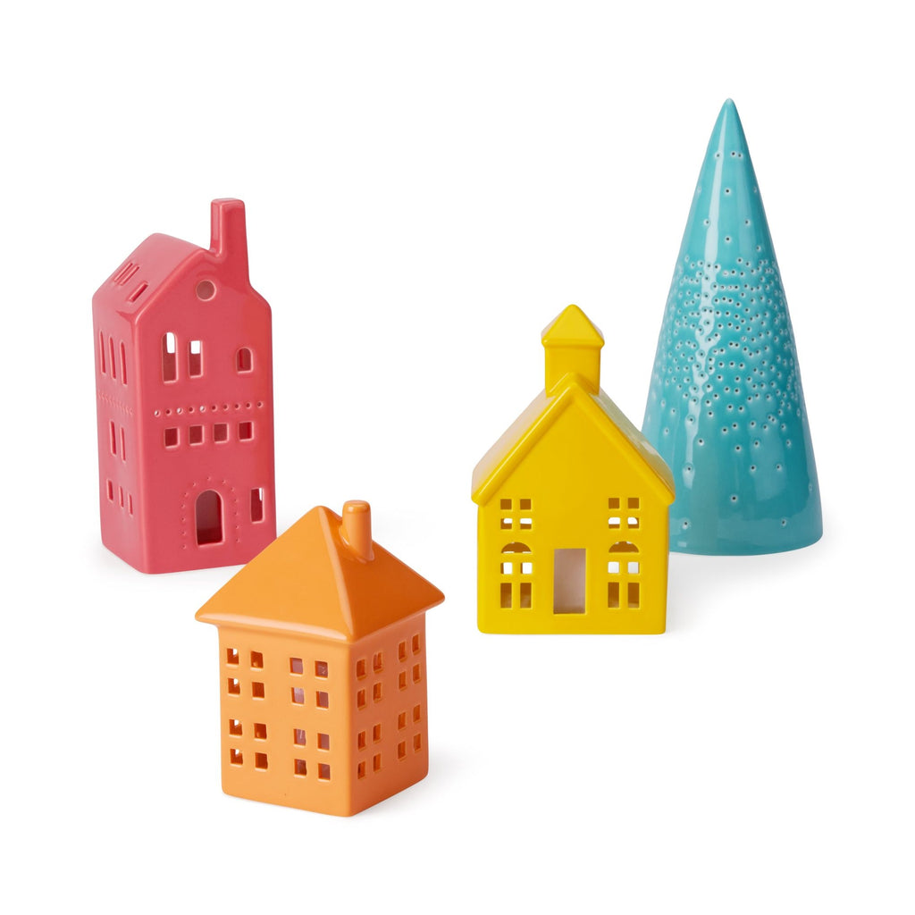 LED Lighted Colorful Ceramic Modern Village - Set of 4