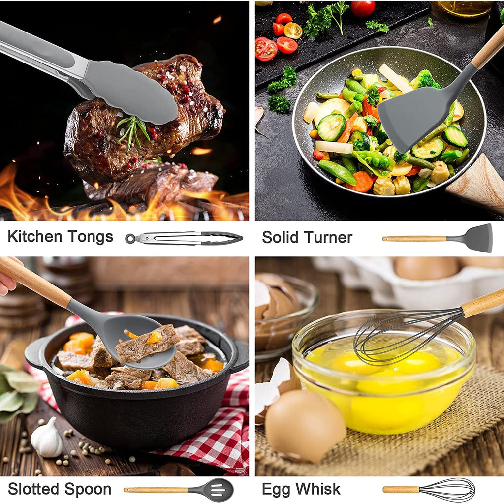 Silicone Cooking Utensils Set, 446°F Heat Resistant Wooden Handle Cooking Kitchen Utensils Spatula Set with Holder fo...