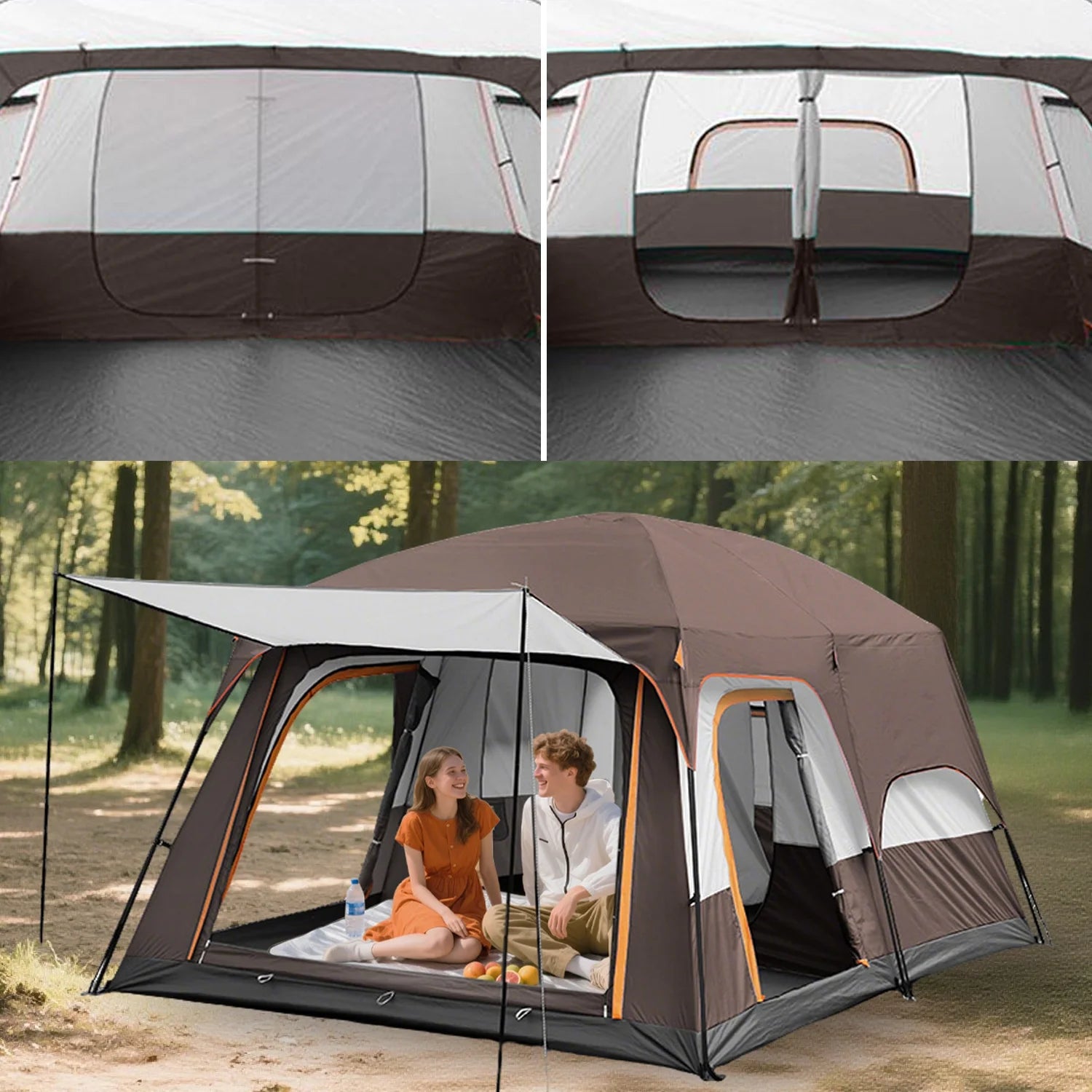 KFeng 12 Person Tents for Camping - 2Rooms 3Doors&3Windows Mesh,Suitable for Outdoor/Picnic,Brown
