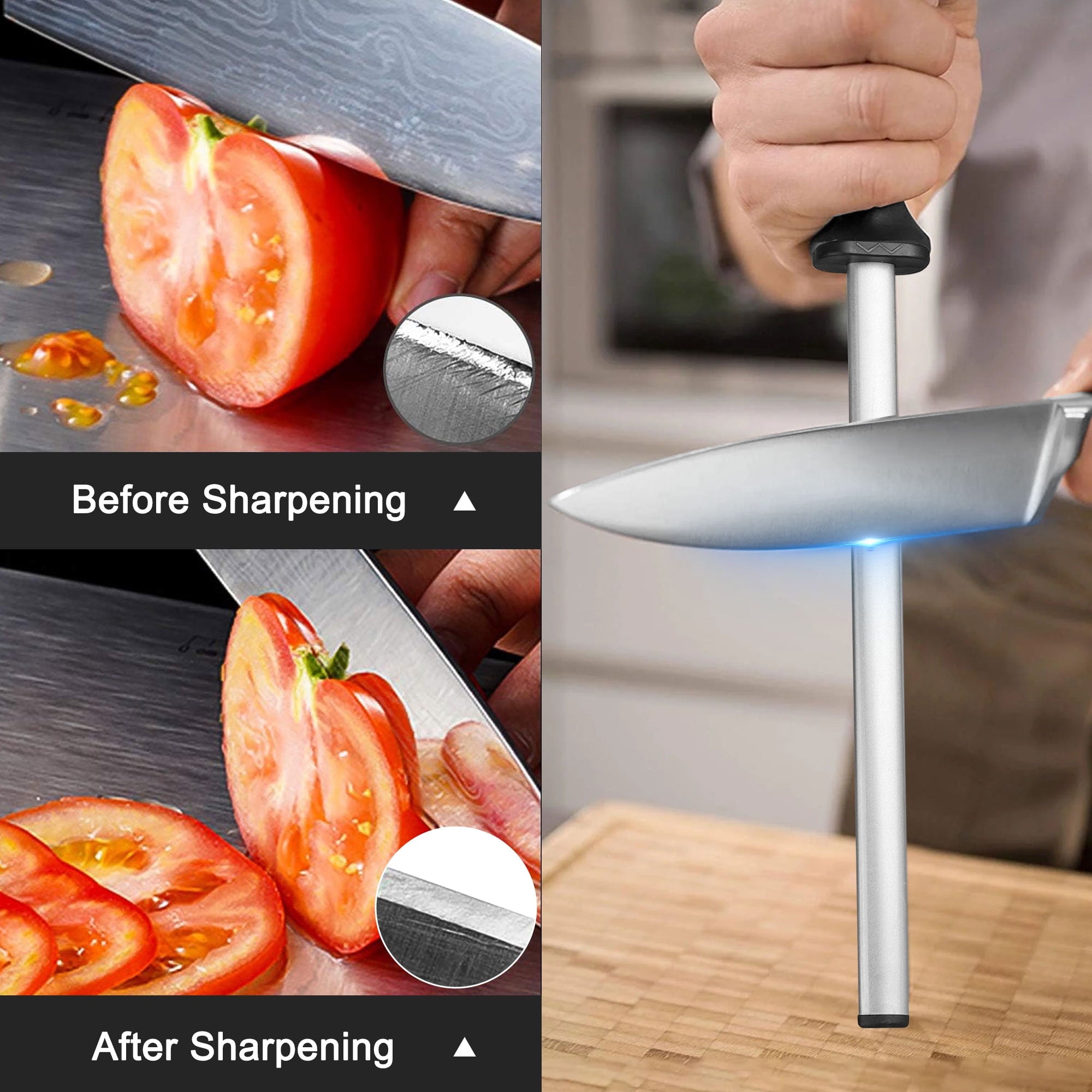 12" Diamond Sharpening Steel, Knife Blade Sharpener Honing Rod, Professional Kitchen Chef Stick