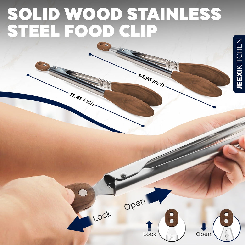 Wood Kitchen Tongs Set Stainless Steel with Acacia Wood Tips, 2-Pack (9 & 12) Heat Resistant up to 600F, Non-Scr...