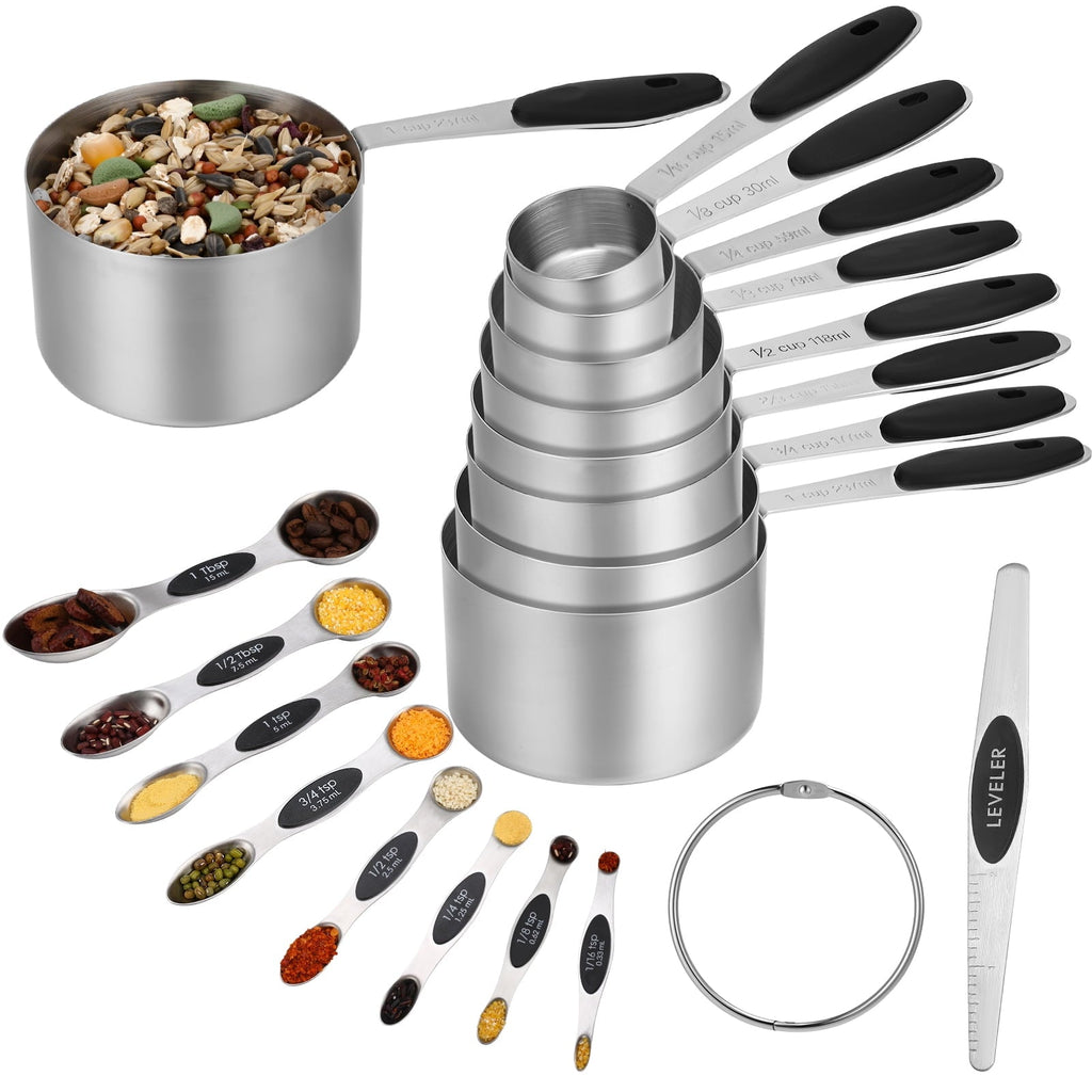 17 Pieces Measuring Cups and Magnetic Measuring Spoons Set Stainless Steel, 8 Measure Cups with Silicone Handle...