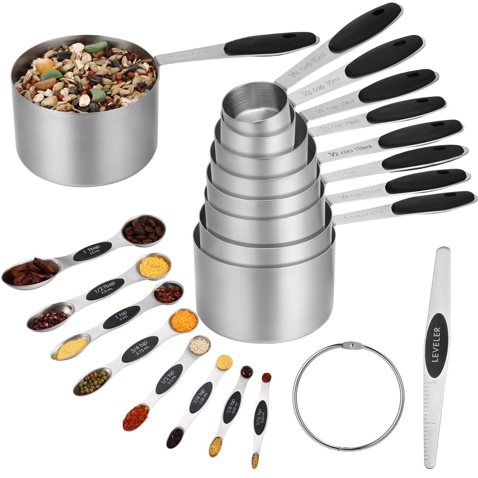 17 Pieces Measuring Cups and Magnetic Measuring Spoons Set Stainless Steel, 8 Measure Cups with Silicone Handle...