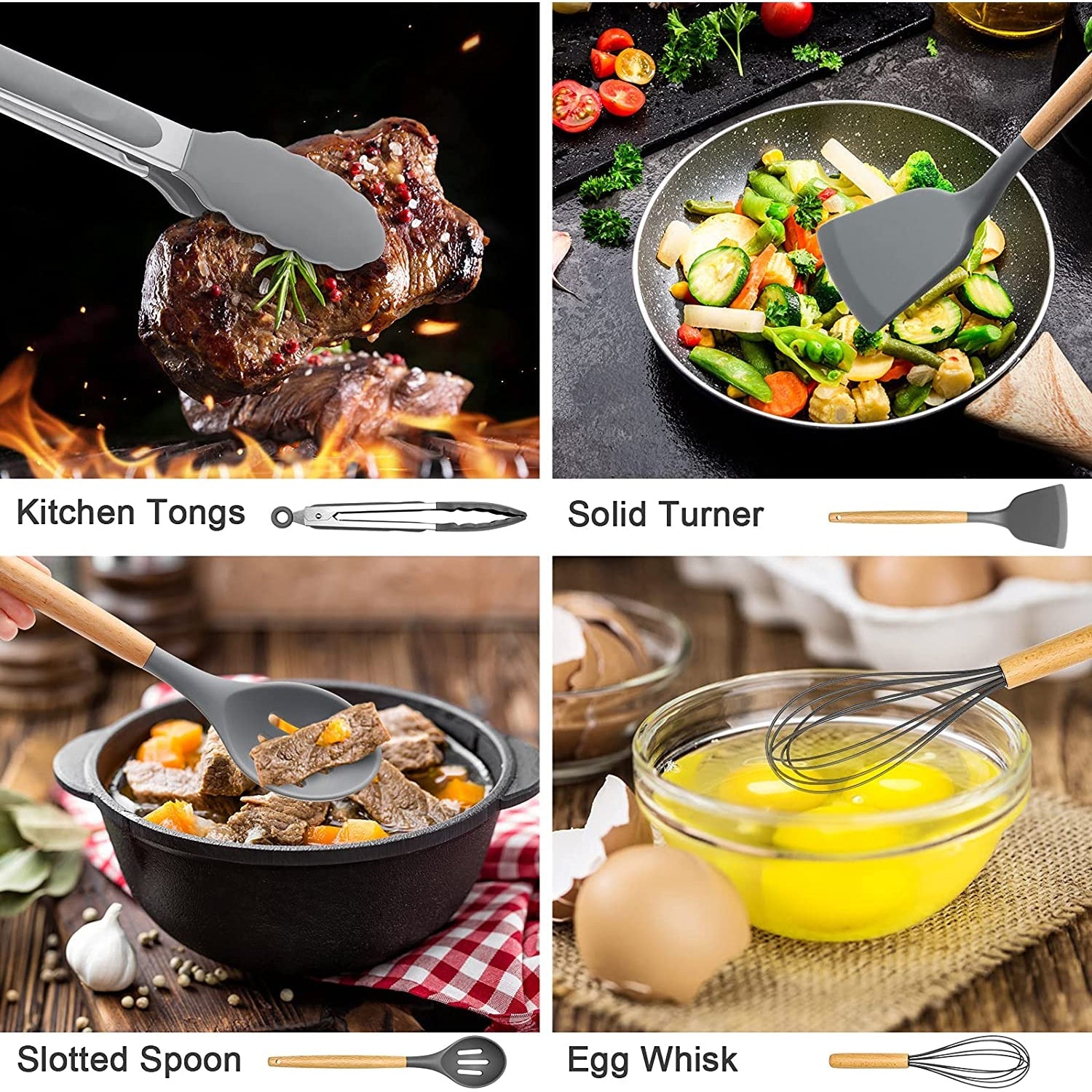 Silicone Cooking Utensils Set, 446°F Heat Resistant Wooden Handle Cooking Kitchen Utensils Spatula Set with Holder fo...