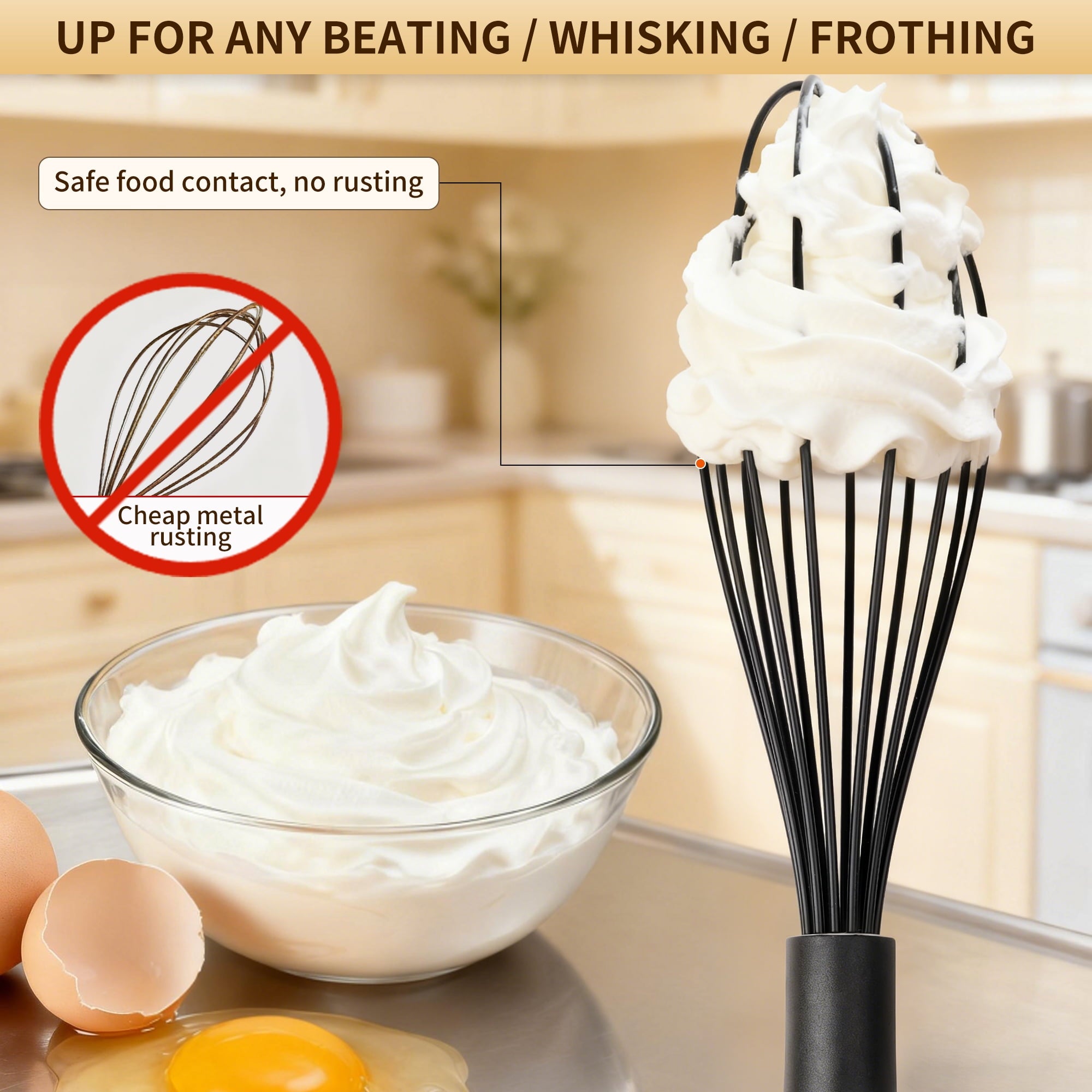 Silicone Wire Whisk, Egg Beater Set of 3, Non Scratch Stainless Steel Kitchen Whisks for Cooking, Blending, Beating, ...
