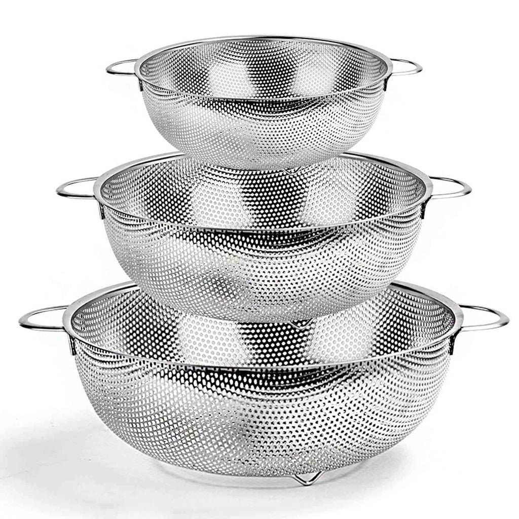 Stainless Steel Colander Set of 3, Micro-Perforated Colanders Strainers for Draining Rinsing - 1/3/5 Quart