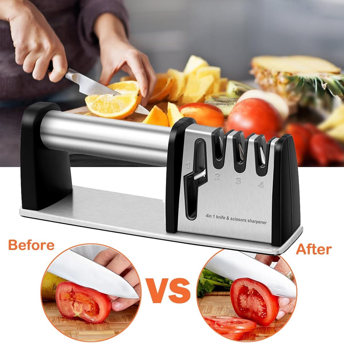 4-in-1 Professional Knife and Scissors Sharpener, Manual Kitchen Sharpening Tool, 8.5 Inch Length