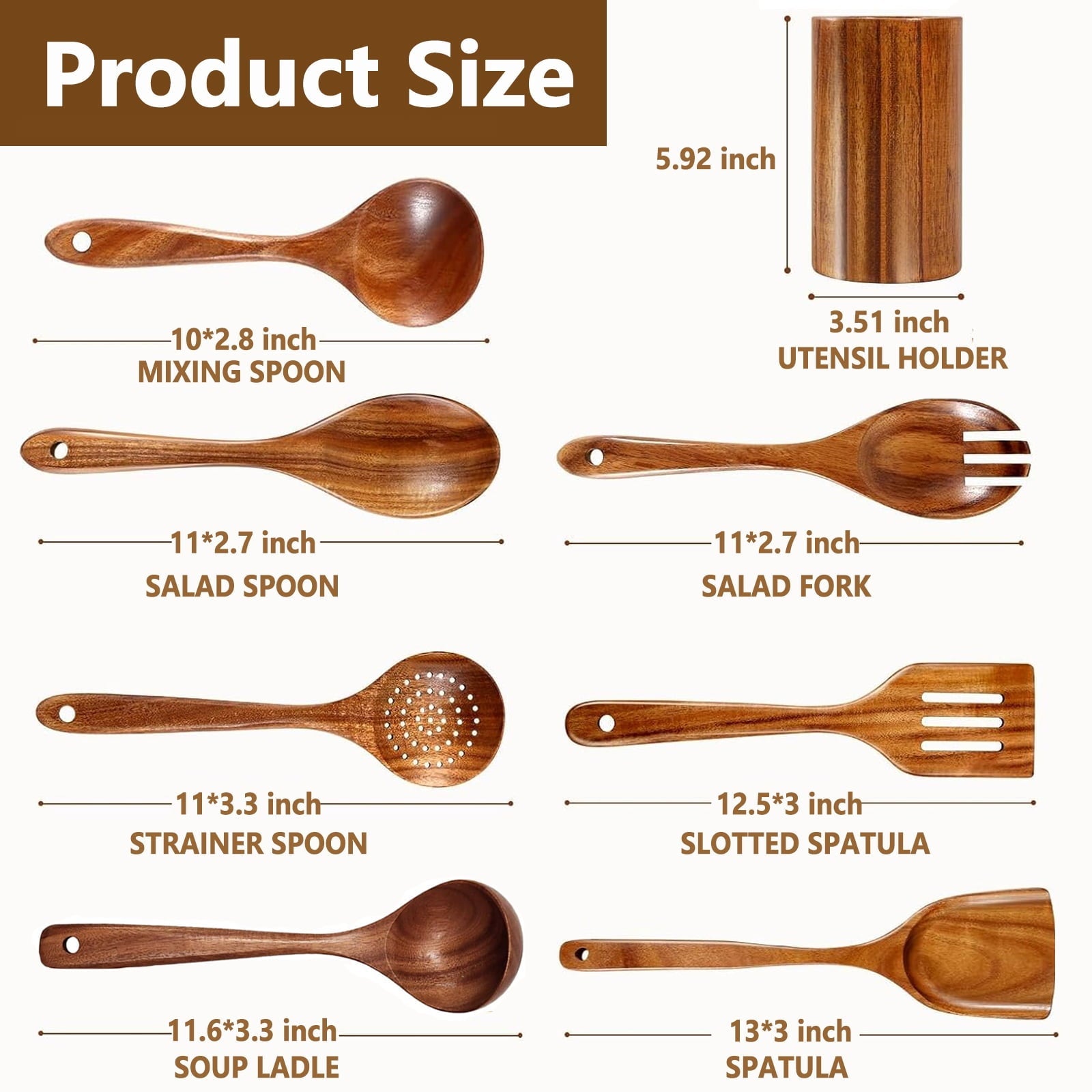 Wooden Spoons for Cooking, 8 Pcs Natural Teak Wooden Utensils Set, Non-Stick & Heat Resistant Durable Wood ...