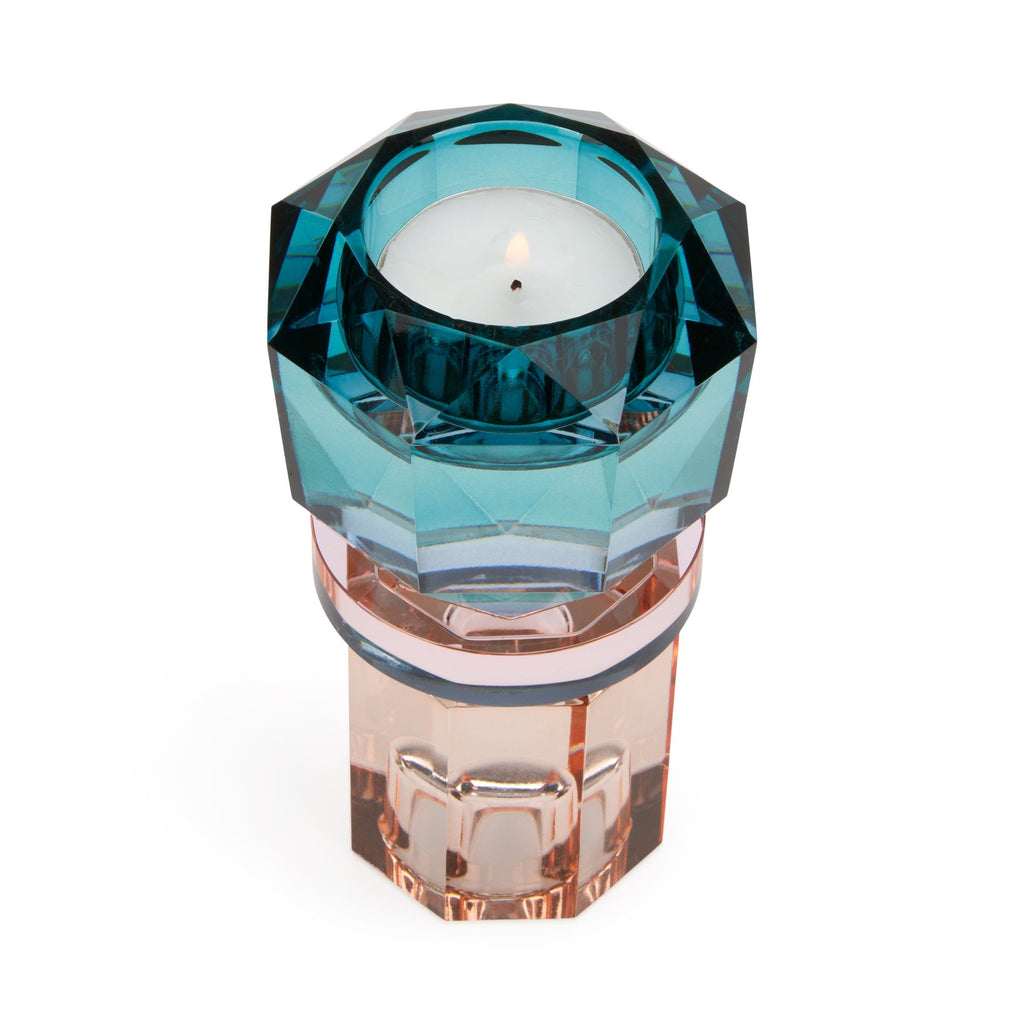 Faceted Crystal Candle Holder - Petrol/ Pink/ Peach