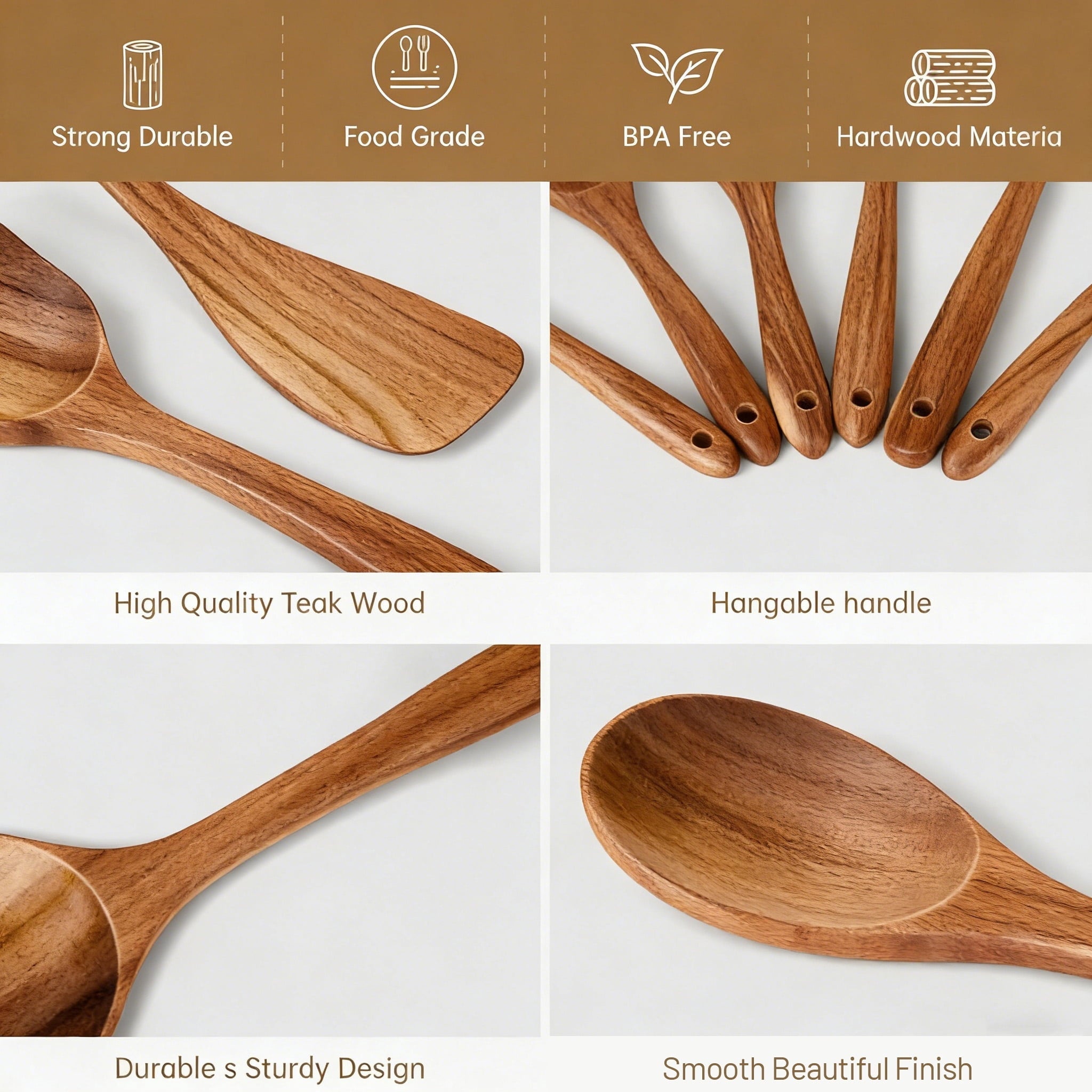 Wooden Spoons for Cooking, 6 PCS Teak Wood Cooking Utensil Set, Wooden Kitchen Utensils for Nonstick Pans & Cookware,...