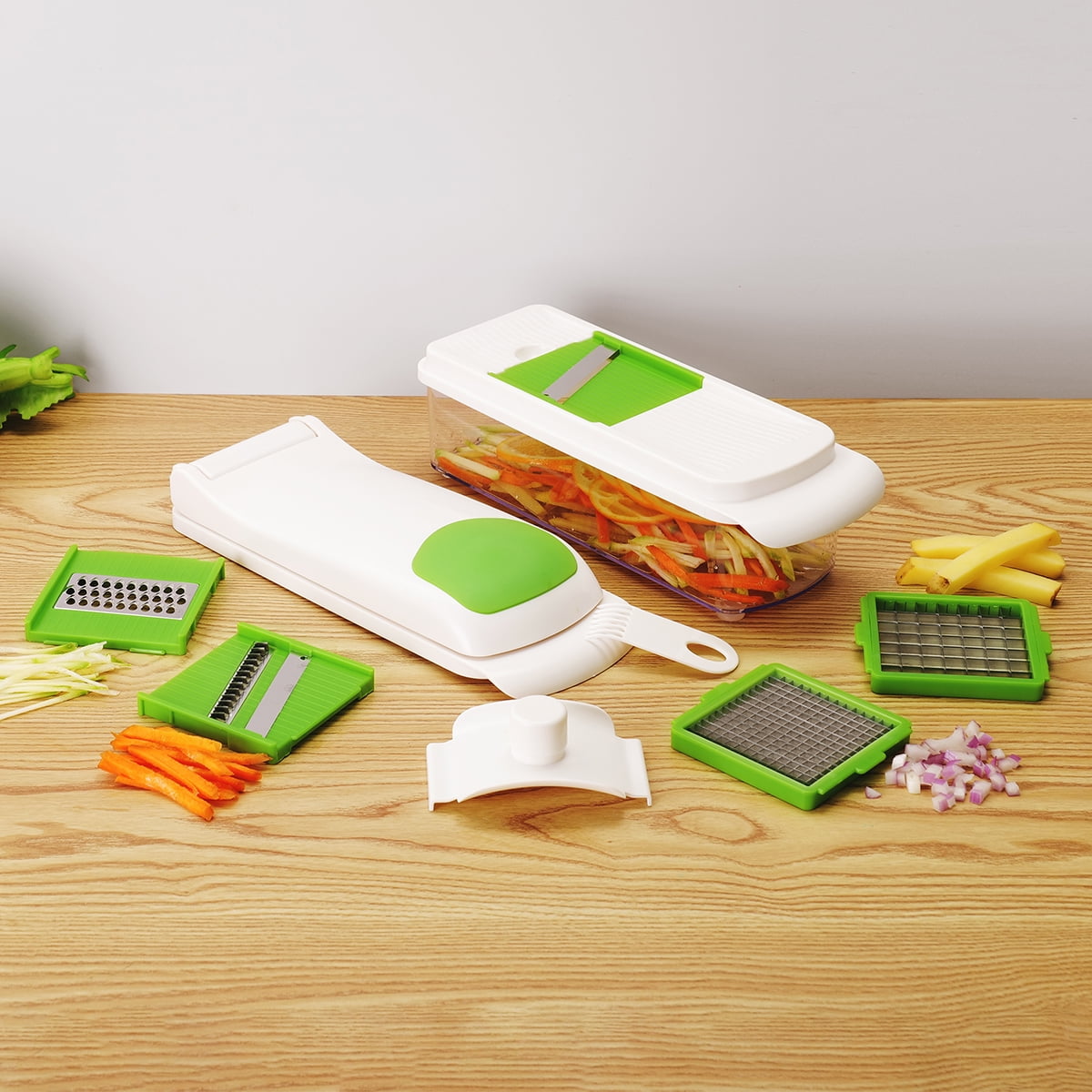 11 Pieces Multi-Function Nice Dicer and Mandoline, Stainless Steel, Green Glaze, 820g