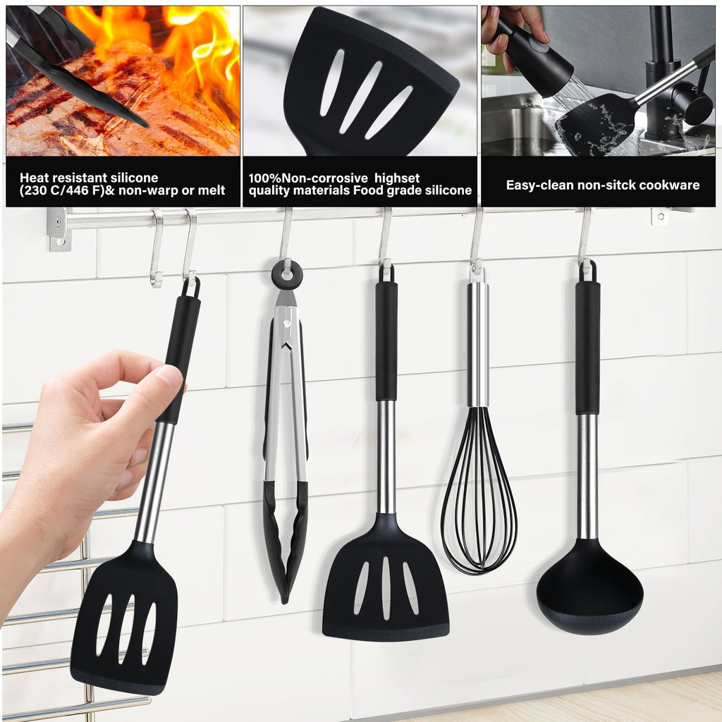 Silicone Cooking Utensils Set, 26 Pcs, Heat Resistant Kitchen Utensils Set, Black