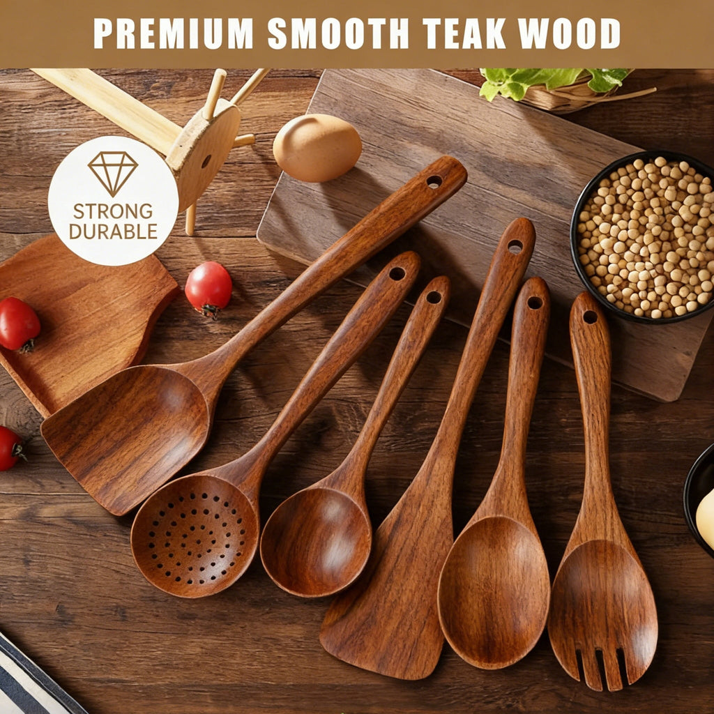 Wooden Spoons for Cooking, 6 PCS Teak Wood Cooking Utensil Set, Wooden Kitchen Utensils for Nonstick Pans & Cookware,...
