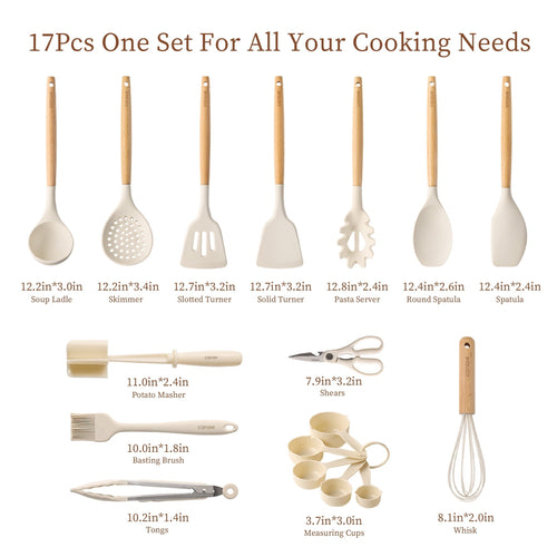17-Piece Silicone and Wood Cooking Utensil Set, Heat-Resistant, Safe for Nonstick Cookware