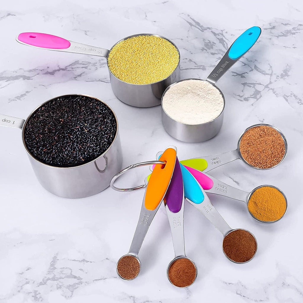Stainless Steel Measuring Cups and Spoons Set, 10 Piece Measuring Spoons and Cups with Soft Silicone Handles...