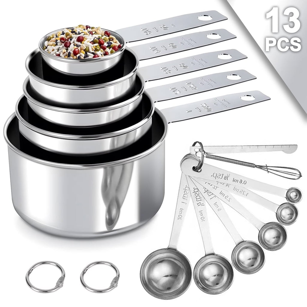 13-Piece Stainless Steel Measuring Cups and Spoons Set, 5 Stainless Steel Measuring Cups,6 Stainless Steel Mea...