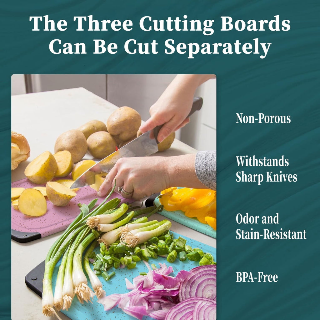 3-Piece Plastic Cutting Board Set, Durable Cutting Boards for Kitchen with Non Slip Handles and Juice Groove, Id...