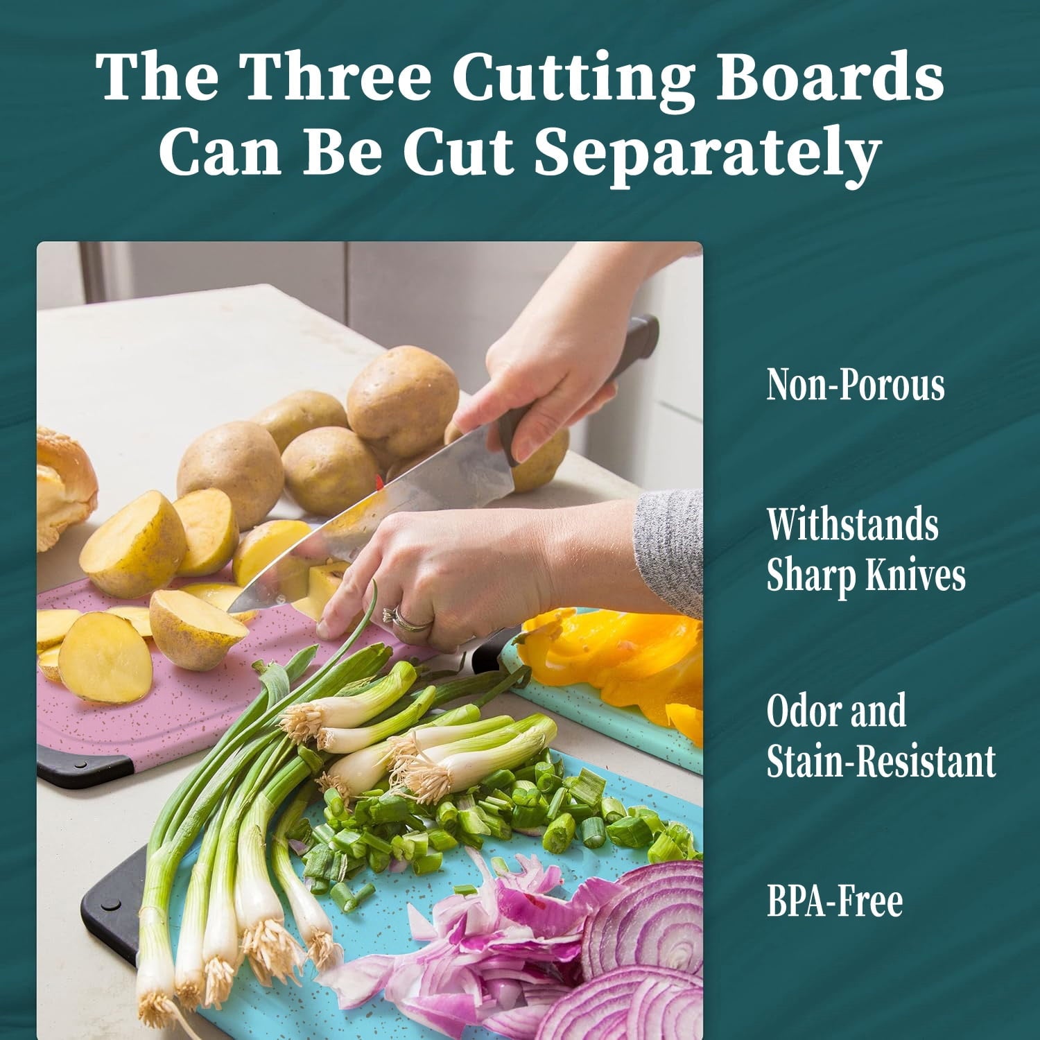 3-Piece Plastic Cutting Board Set, Durable Cutting Boards for Kitchen with Non Slip Handles and Juice Groove, Id...