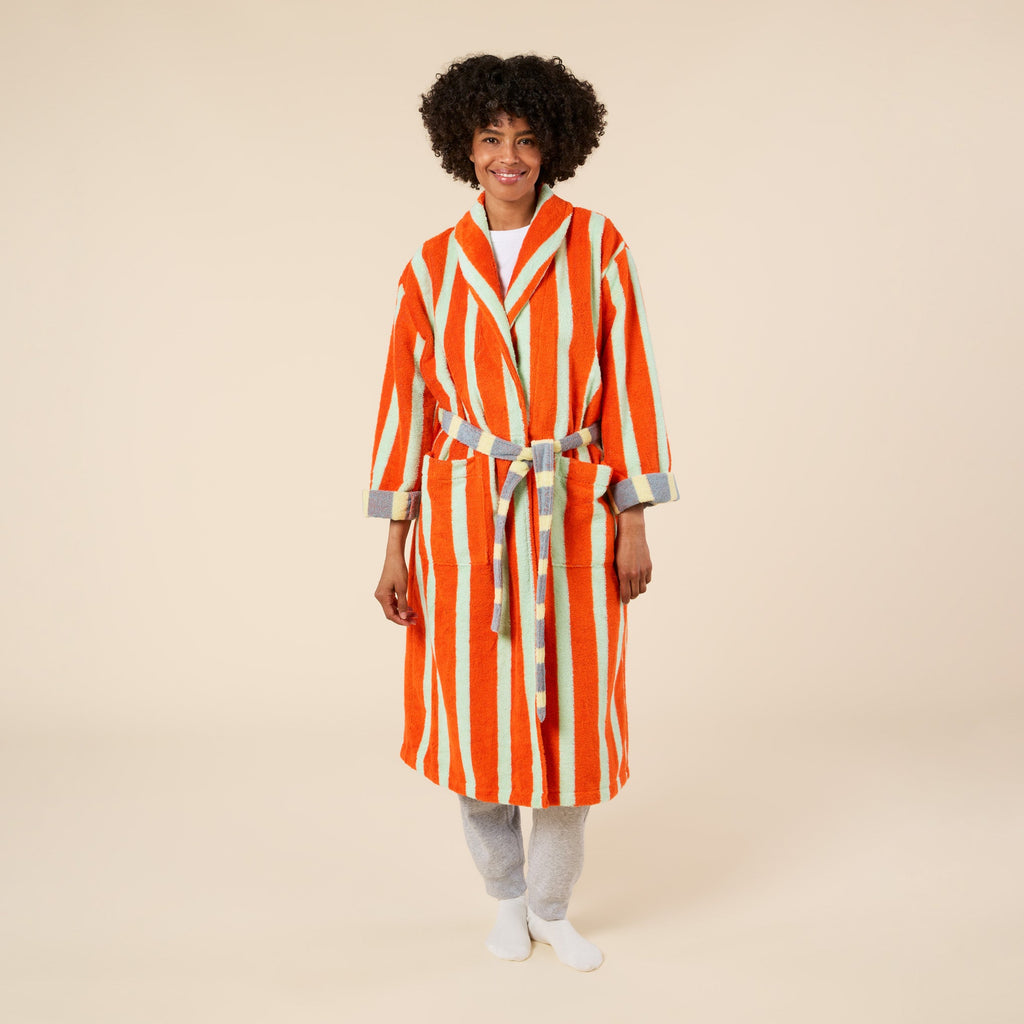 Dusen Dusen Striped Bathrobe - Orange/ Slate Gray