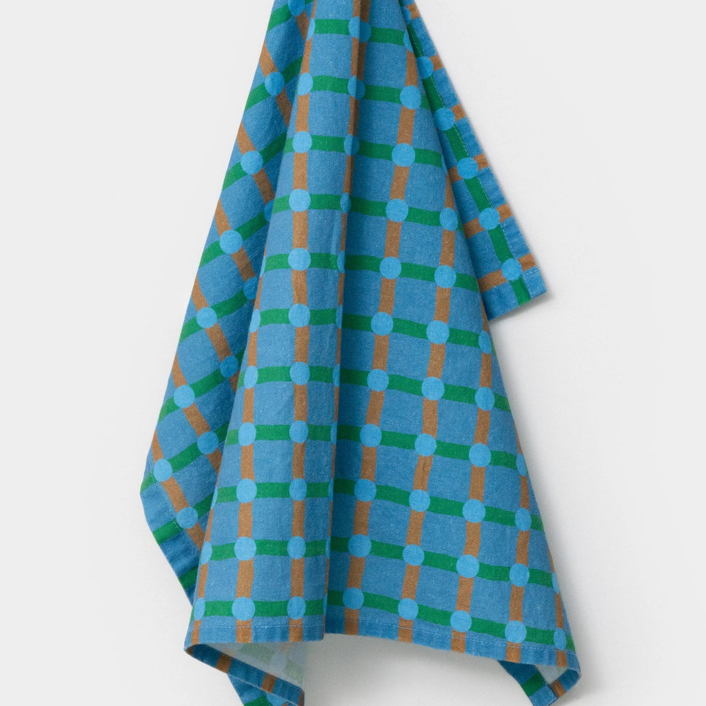 Dot Check Linen &amp; Cotton Tea Towel - Blue/ Green