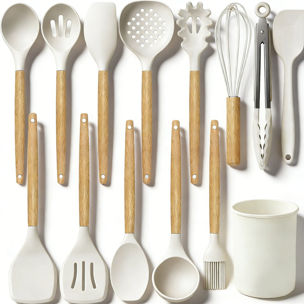 14-Piece Silicone Cooking Utensils Set, Non-Stick Kitchen Utensil Set for Baking, Flipping, Mixing, White