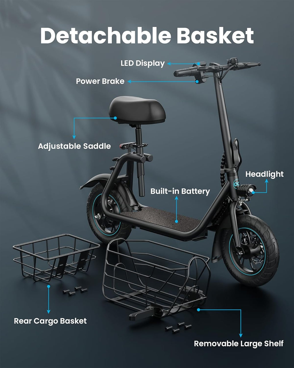 Gyroor Electric Scooter with Basket &amp; Seat, 550W, 20 Mile Range