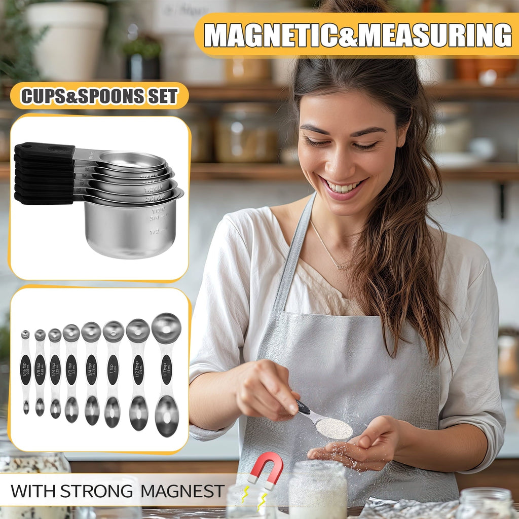15-Piece Magnetic Measuring Cups & Spoons Set, Stainless Steel with N45 Magnets, Fits Spice Jars for Baking &...