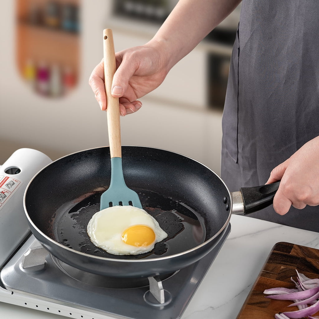 Small Silicone Cooking Utensils with Holder Set (12Pack), Aqua Kitchen Tools with Wooden Handle for Nonstick...