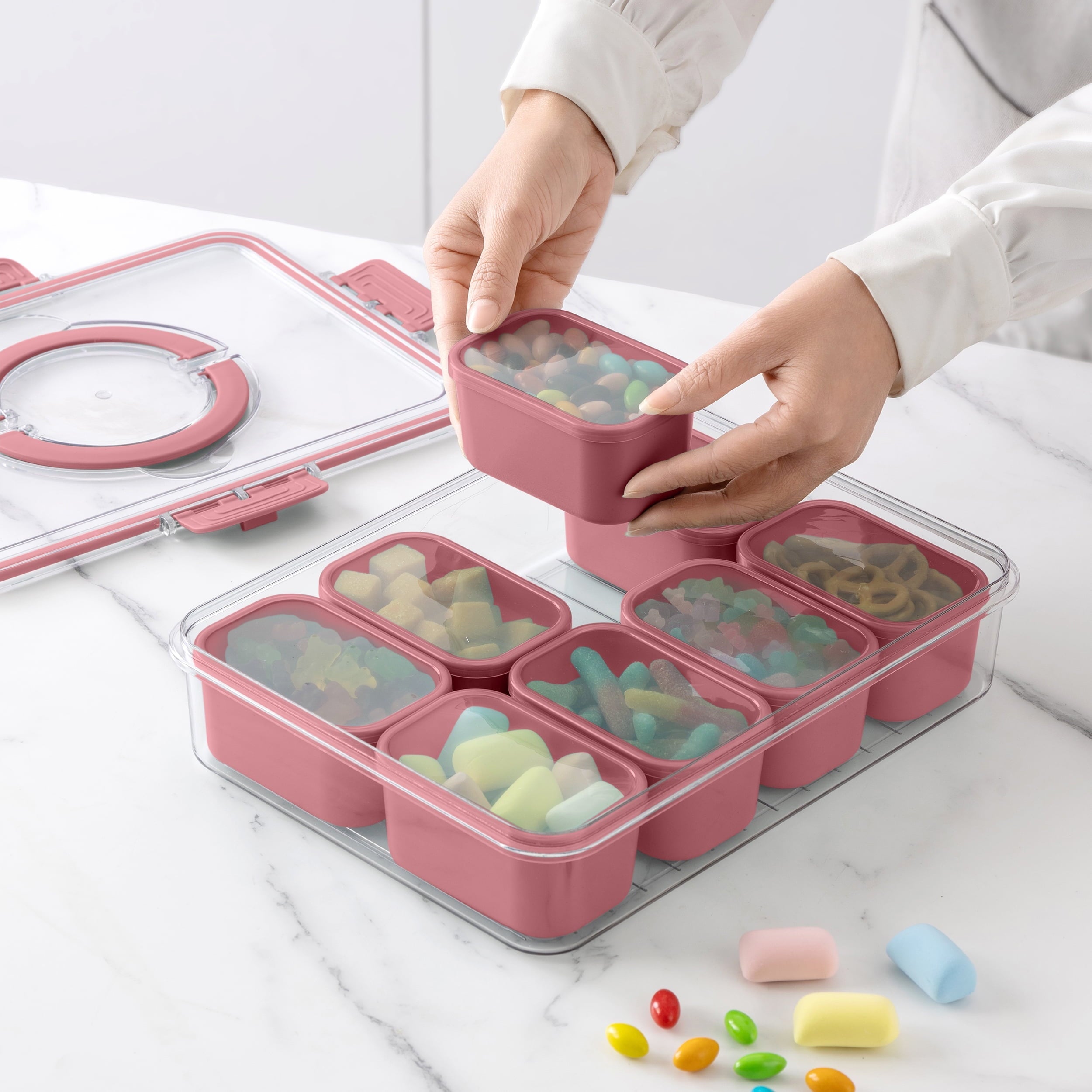 8-Compartment Snackle Box, Charcuterie and Snack Container, Divided Serving Tray with Lids and Handle, Dishwasher Saf...