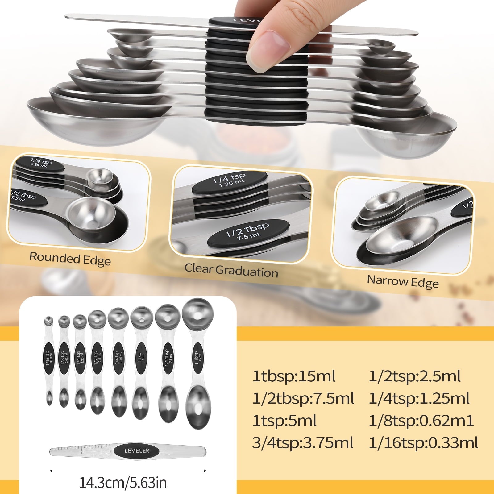 17 Pieces Measuring Cups and Magnetic Measuring Spoons Set Stainless Steel, 8 Measure Cups with Silicone Handle...