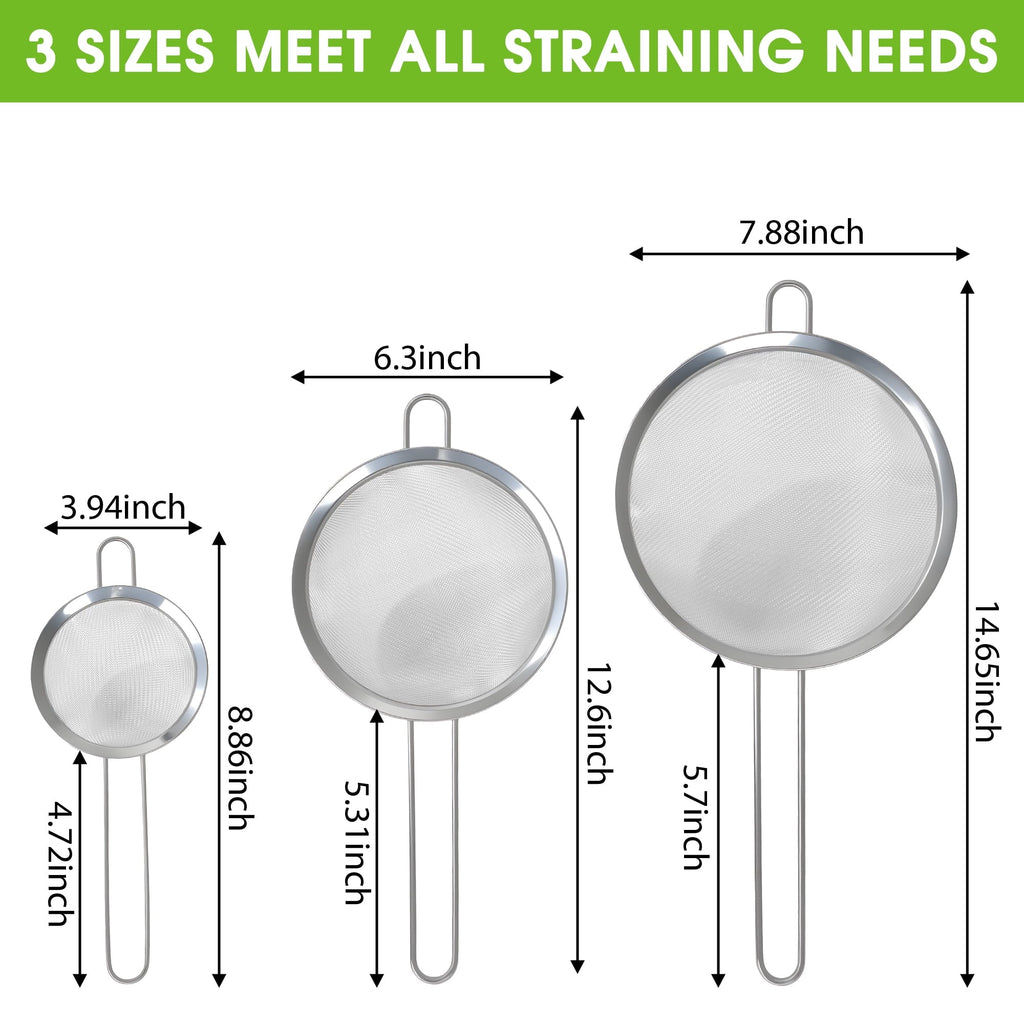 3-Piece Stainless Steel Fine Mesh Strainer Set, 4", 6", and 8", Kitchen Thin Mesh Strainer for Tea Flour Suga...