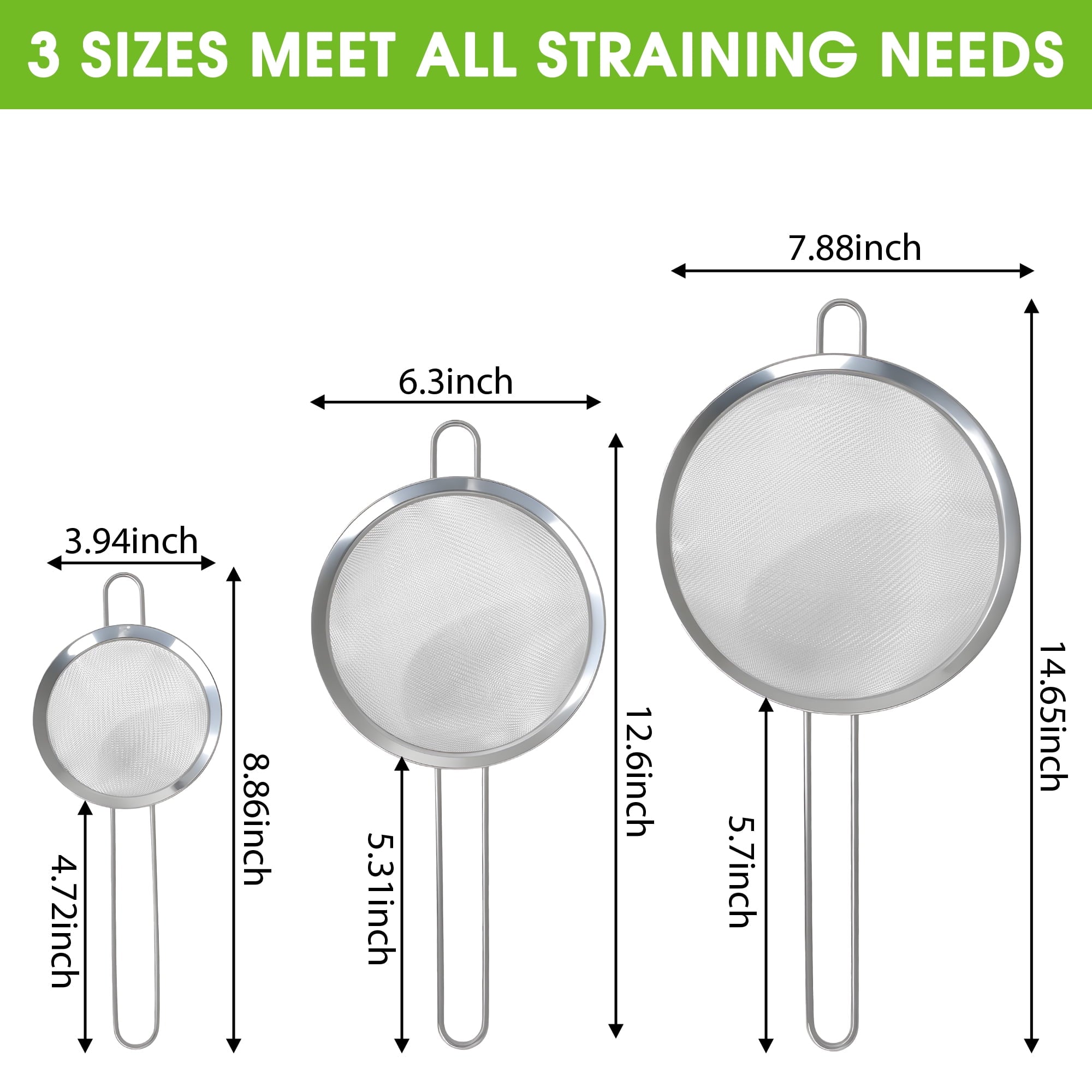 3-Piece Stainless Steel Fine Mesh Strainer Set, 4", 6", and 8", Kitchen Thin Mesh Strainer for Tea Flour Suga...