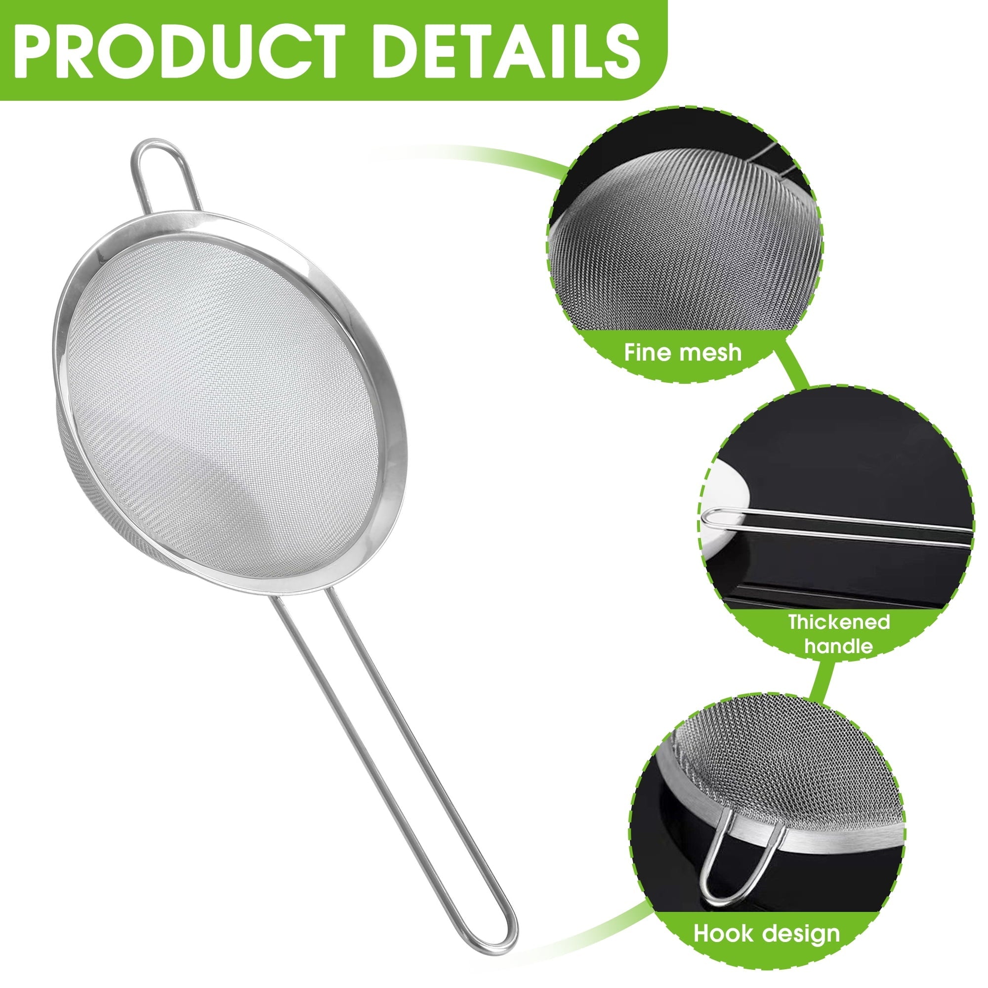 3-Piece Stainless Steel Fine Mesh Strainer Set, 4", 6", and 8", Kitchen Thin Mesh Strainer for Tea Flour Suga...