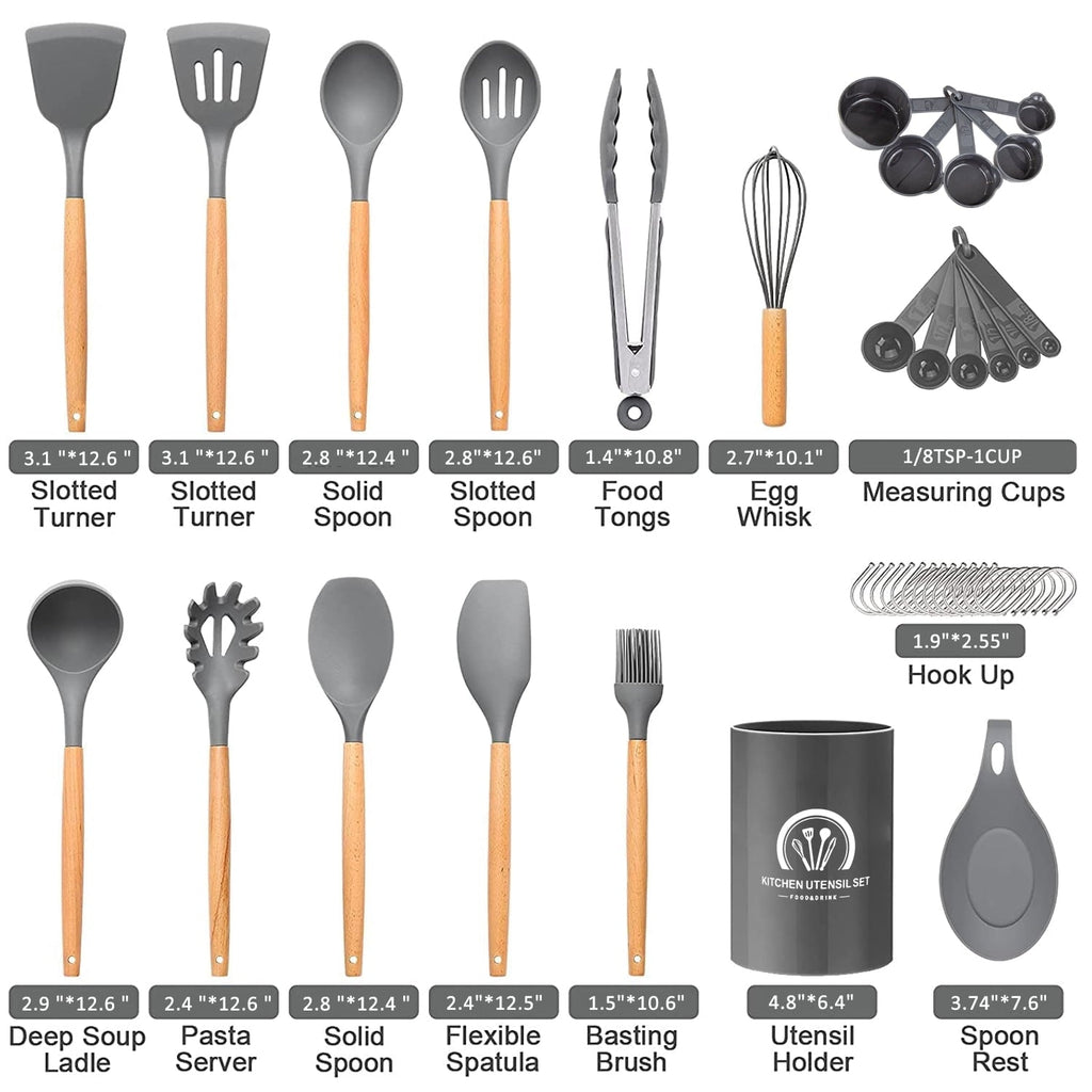 Silicone Cooking Utensils Set, 446°F Heat Resistant Wooden Handle Cooking Kitchen Utensils Spatula Set with Holder fo...
