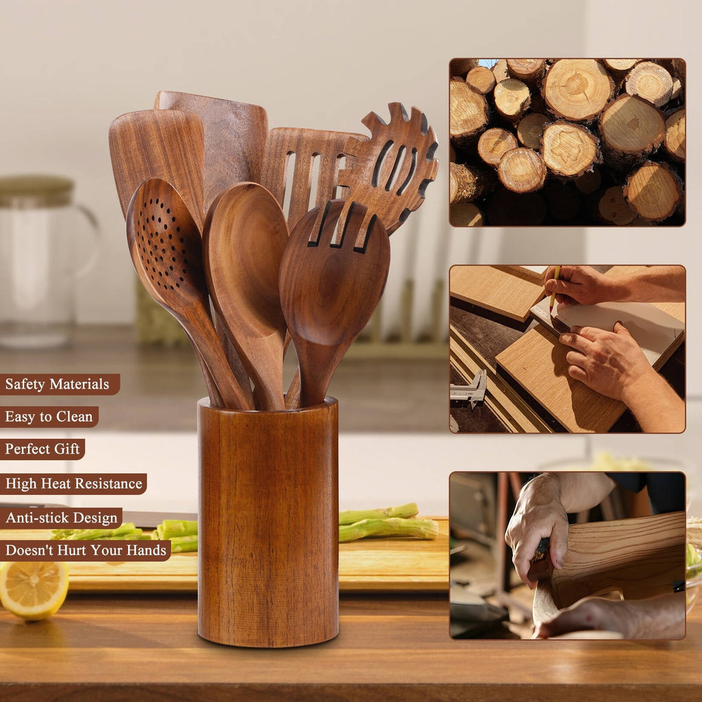 Wooden Spoons for Cooking, 8 Pcs Natural Wooden Utensil for Cooking with Non-Stick, Heat Resistant, Wood...