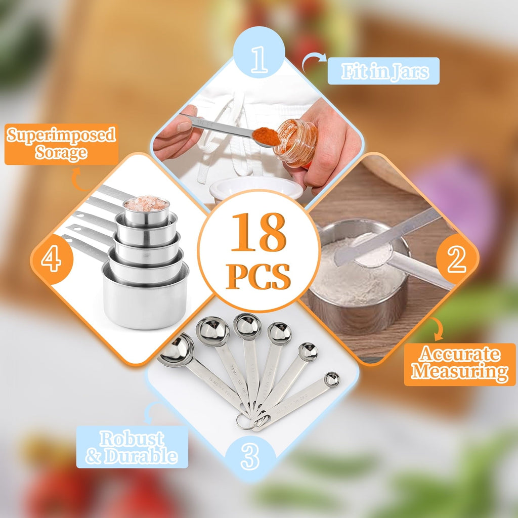 18-Piece Stainless Steel Measuring Cups and Spoons Set,5 Stainless Steel Nesting Measuring Cups & 6 Spoons,1 L...