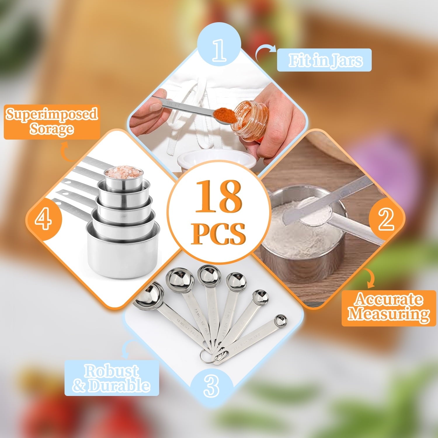 18-Piece Stainless Steel Measuring Cups and Spoons Set,5 Stainless Steel Nesting Measuring Cups & 6 Spoons,1 L...