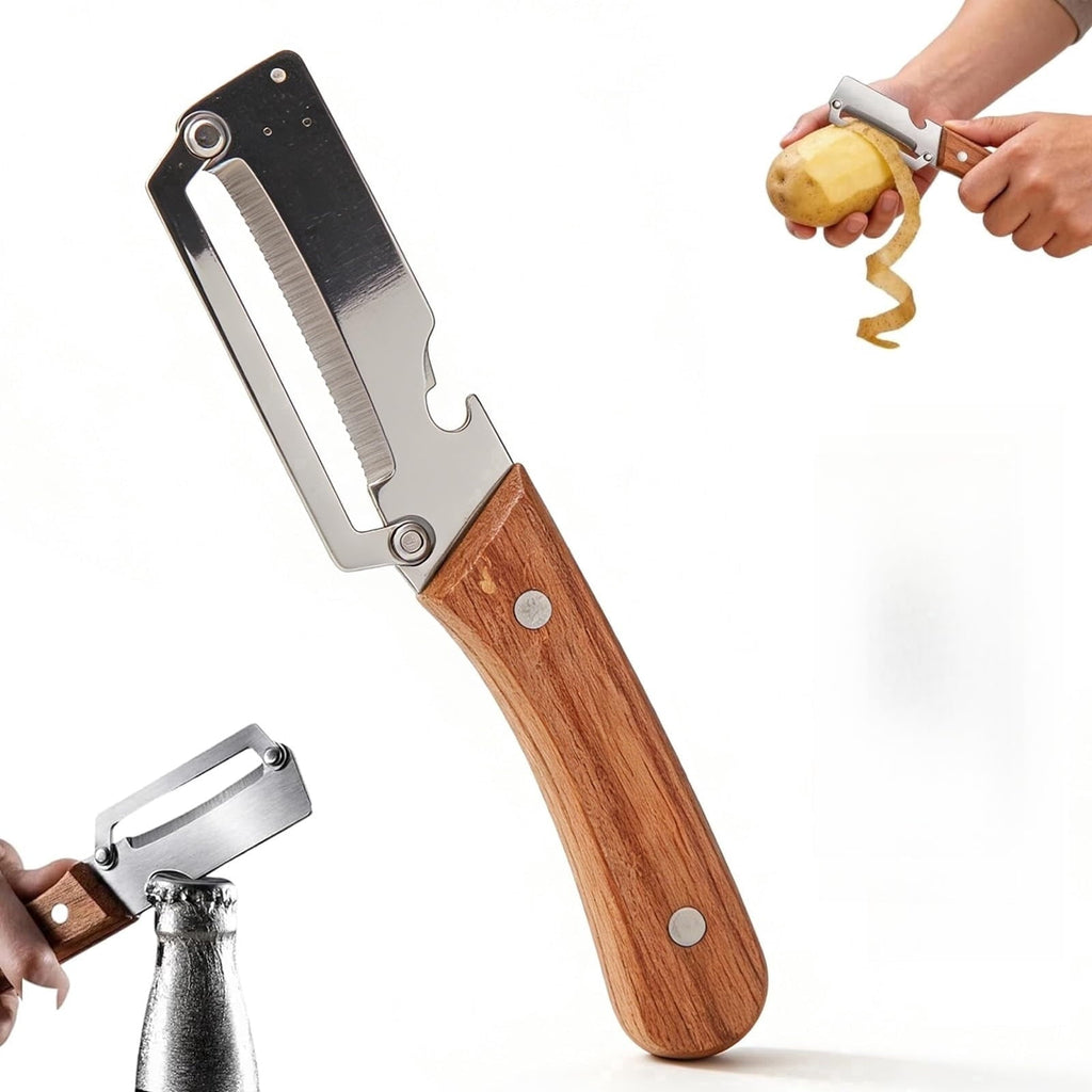 Wooden Kitchen Tool, Smooth Glide Vegetable Peeler with Stainless Steel Blade and Built-In Bottle Opener fo...