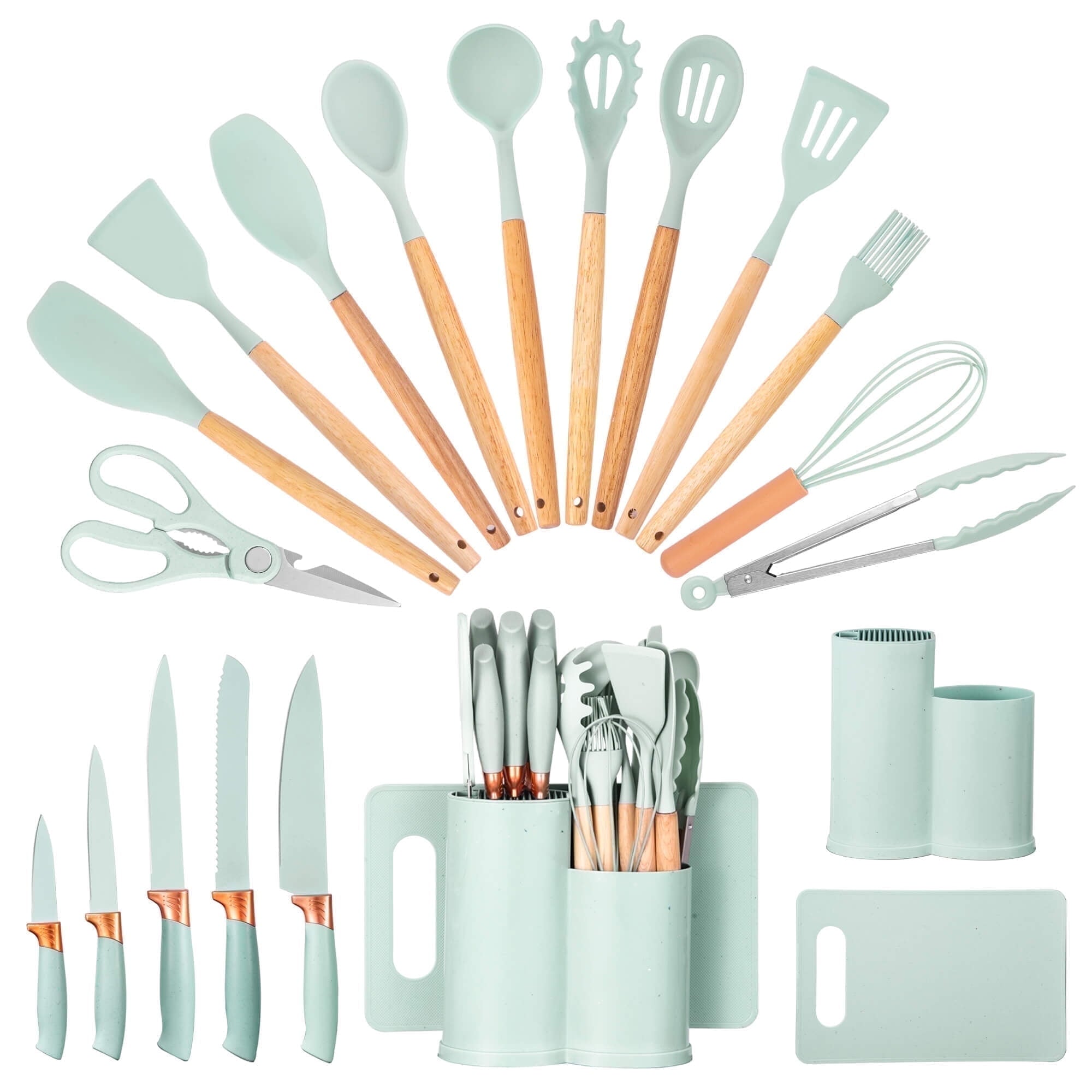 19pcs Silicone Kitchen Utensil Set, Heat-Resistant Non-Stick Easy Cooking Cleaning Home Light-Green